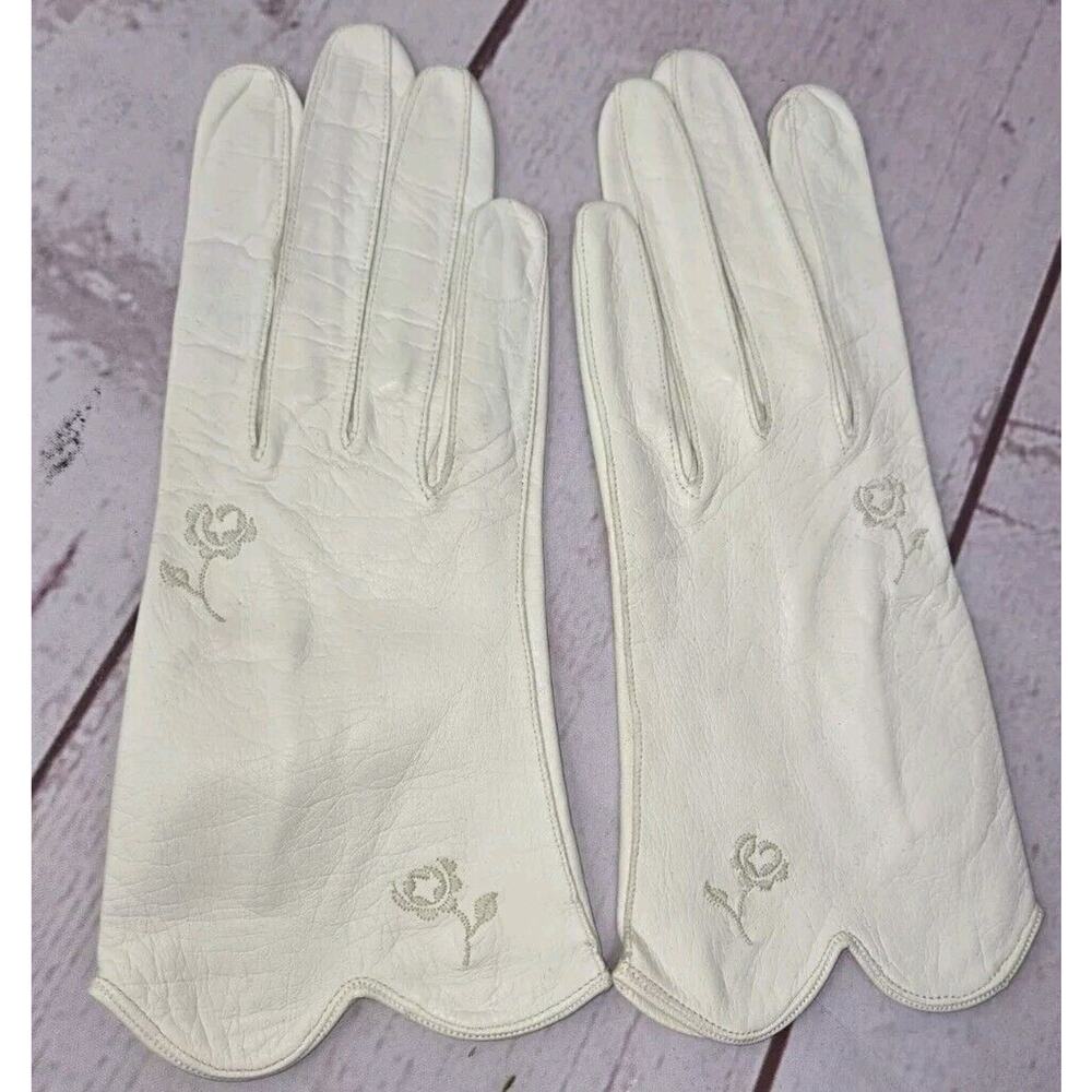 Vintage Womens Leather Gloves Western Germany Embroidered Size 7 Washable